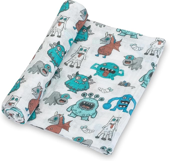 LollyBanks Muslin Swaddle Blankets, 100% Cotton Soft and Breathable Baby Blanket for Boys, 47 x 47 Inches Receiving Blankets, Lightweight Newborn Swaddles, Nursery Must Haves (Monsters Print)