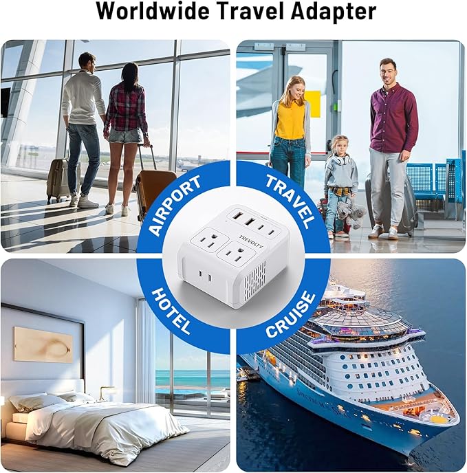 7-in-1 European Travel Plug Adapter, 2000W Universal Travel Adapter with 3 AC Sockets, 2 USB-A & 2 USB-C (PD 20W) Ports, Travel Essentials International Power Adapter for UK/EU/China/Japan