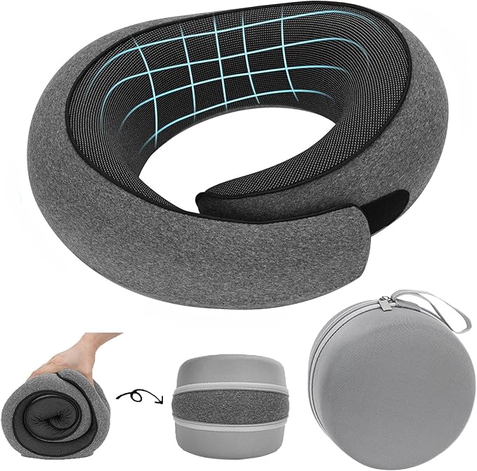Travel Neck Pillow for Airplane - 100% Memory Foam 360° Ergonomic Support - Adjustable Velcro, Washable Velvet Cover & Compact Storage Case - Flight Essentials for Sleeping(Grey)