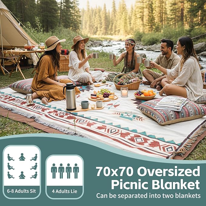 2 in 1 Extra Large Outdoor Picnic Mat Woven Summer Throw Blanket Boho Giant Beach Travel Essential Yoga Accessories Park Patio Lawn Garden Grass Ground Play Music Festival Concert Must Have