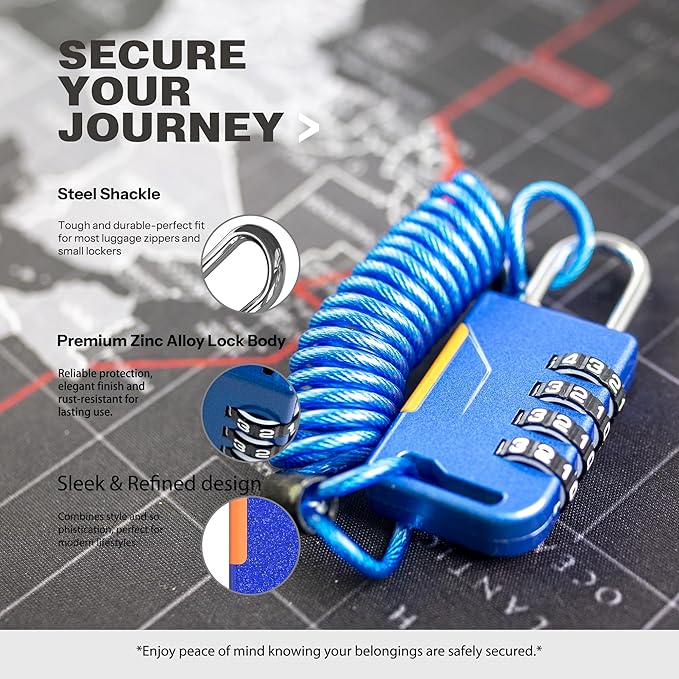Ski Lock, Combo Lock with Retractable Cable (36in), Padlock Combination with Cable for Snowboard, Bike, Luggage, Suitcase, Locker, Fridge, Refrigerator, Cabinet, Outdoor Fence (Blue)
