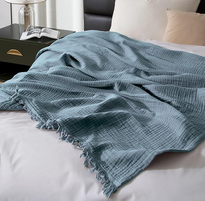 KyraHome Muslin Blankets for Adults, 100% Organic Cotton Blanket Plant Dyed, Breathable Lightweight Gauze Throw Blanket for Couch, All Season, 50"x60" (Slate Blue)