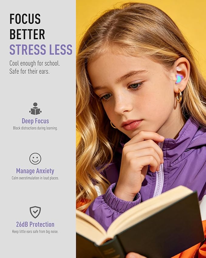Kids Ear Plugs (6-12 Years) with Cord, Kids Ear Protection Reusable Noise Relief Earplugs for Focus, Travel, Concert, Socializing, Events, Sleep, Anxiety, Home, School, Playtime -26dB Noise Reduction