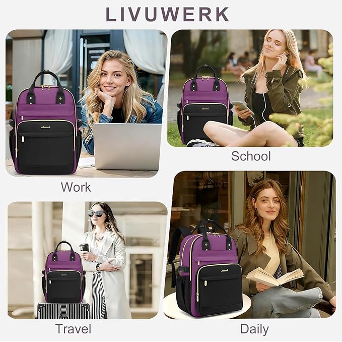 Women Laptop Backpack College Bookbag: 15.6 inch Backpacks with Pouch Pocket for Large Capacity Cup Travel Waterproof Book Bag Anti-theft Casual Work Bookbags for Teacher Nurse Black Purple