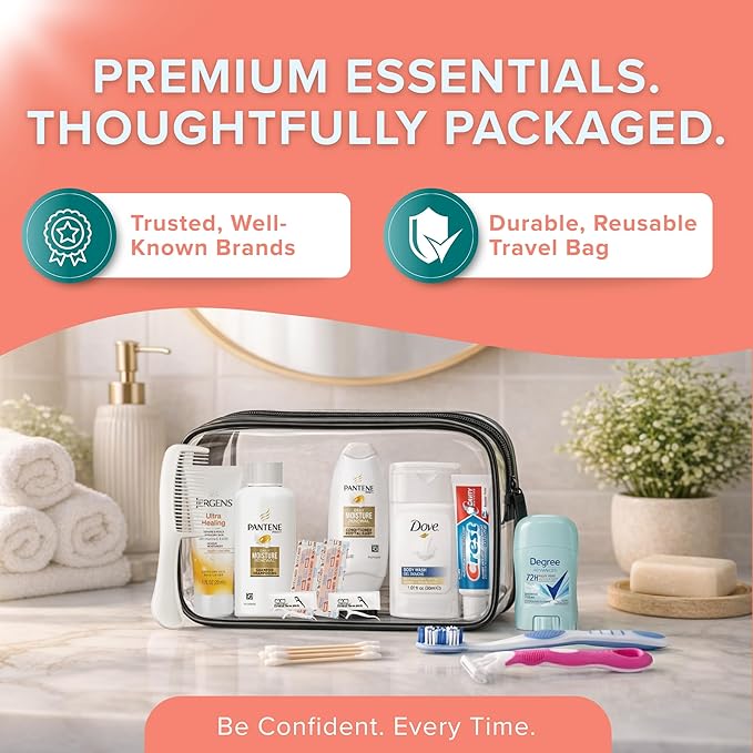 TrekTote 15 Piece Set Women’s Travel & Hygiene Kit with Clear Toiletry Bag, Personal Care Essentials, Single Kit or Bulk Case Packs