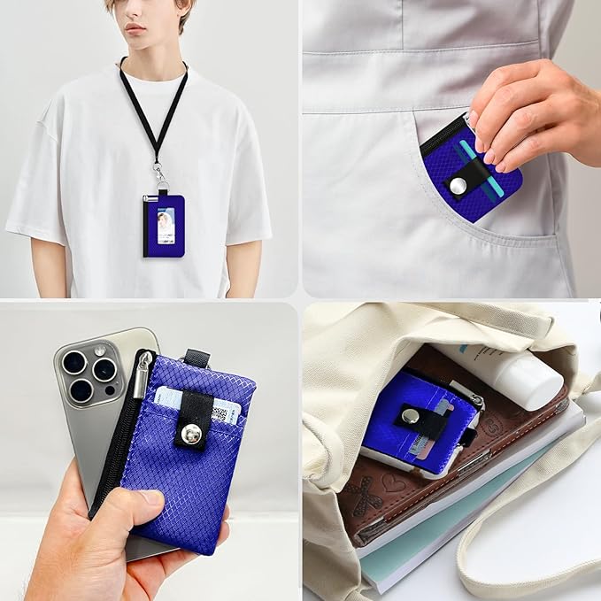 Minimalist RFID Blocking Small Wallet with ID Window,WaterResistant Zip Id Case Wallet with Lanyard Keychain for Cards,Cash,Travel,Women,Men (Sapphire Blue)