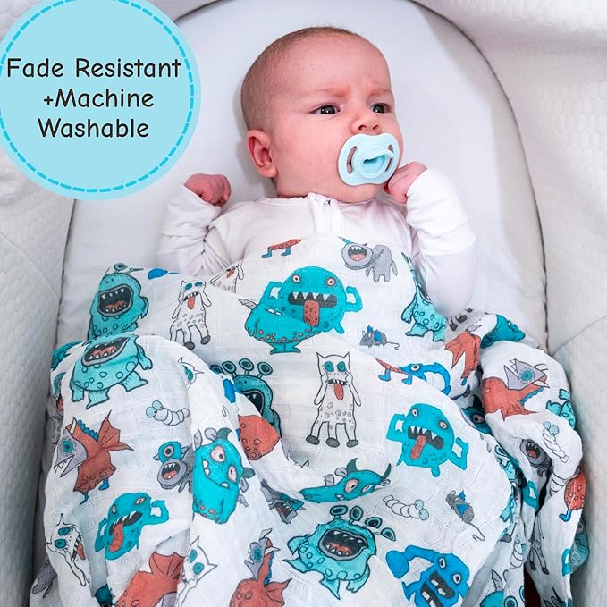 LollyBanks Muslin Swaddle Blankets, 100% Cotton Soft and Breathable Baby Blanket for Boys, 47 x 47 Inches Receiving Blankets, Lightweight Newborn Swaddles, Nursery Must Haves (Monsters Print)