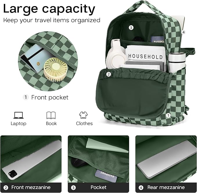 Checkered Backpack for Women Fashion Backpacks with Laptop and Multi Compartment for Travel and Work Bean Green Check