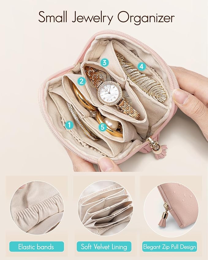 VLANDO Mini Jewelry Travel Case,Jewelry Pouch Bags with Zipper, Velvet Jewelry Organizer Storage Bag for Bracelet Rings Earring Travel Essentials Gifts for Women Girl - Pink