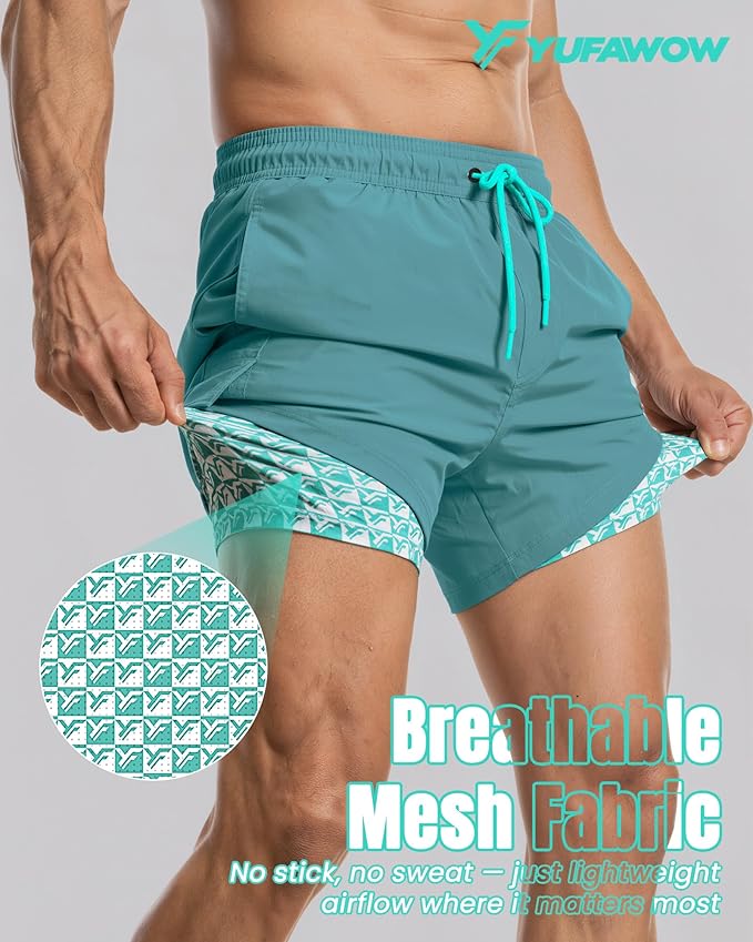 Men Swim Trunks with Compression Liner Quick Dry Breathable Multi Pockets for Summer Beach Cruise Water Park