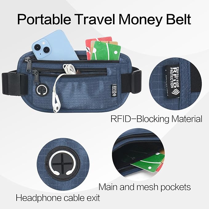 Slim Money Belt for Travel - Anti-Theft Hidden Passport Holder Waist Wallet with Secure Pouch for Cash, Credit Cards & Phone Safe (Small Navy Blue)