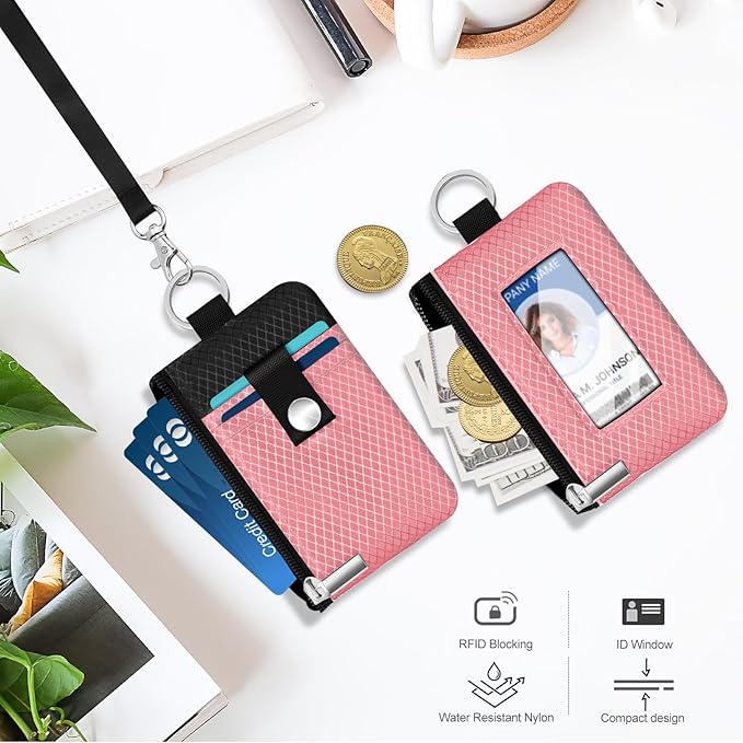 Minimalist RFID Blocking Small Wallet with ID Window,WaterResistant Zip Id Case Wallet with Lanyard Keychain for Cards,Cash,Travel,Women,Men (Pink/Black)