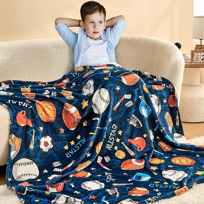 Wajade Sports Blanket for Boys,Soft Fleece 3D Soccer Basketball Baseball Football Kids Blanket for Couch Sofa Bedroom, Fuzzy Ball Throws for Kids Boys Teens,50"x60"