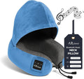 Bluetooth Music Semicircular Neck Pillow with Hood Wireless Bluetooth Speaker Suitable Airplane,Car,Office,and Outdoor Camping for Sleeping, Resting The Best Travel Essentials. (Light Blue)