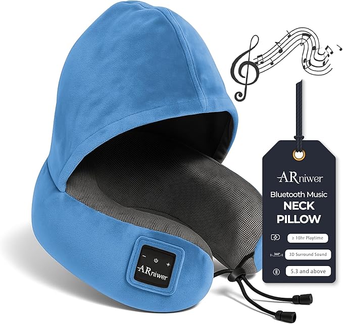 Bluetooth Music Semicircular Neck Pillow with Hood Wireless Bluetooth Speaker Suitable Airplane,Car,Office,and Outdoor Camping for Sleeping, Resting The Best Travel Essentials. (Light Blue)