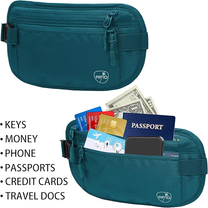 SUPACOOL Money Belt, Hidden Travel Wallet for Passport, RFID Blocking Passport Pouch, Undercover Fanny Pack(Green)
