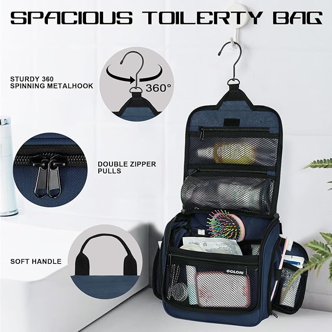 Goloni Hanging Toiletry Bag, 10 Compartments Water-Resistant Makeup Bag with 360° Spinning Metal Hook, Large Travel Cosmetic Organizer for Men & Women, Blue (7.05oz)