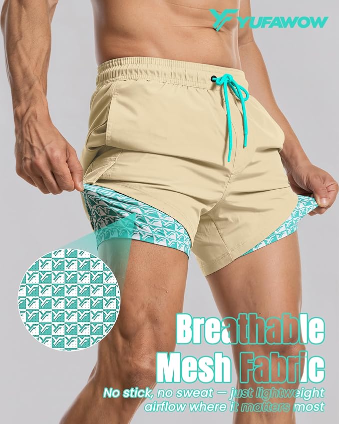 Men Swim Trunks with Compression Liner Quick Dry Breathable Multi Pockets for Summer Beach Cruise Water Park