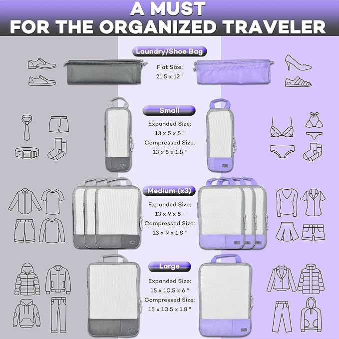12 Pc Set Compression Packing Cubes - WONGLE His and Hers Family Travel Organizer Compressible Packing Cubes for Suitcases, Luggage Organizer Bags, Travel Accessories, Shoe Bag (Purple/Grey)