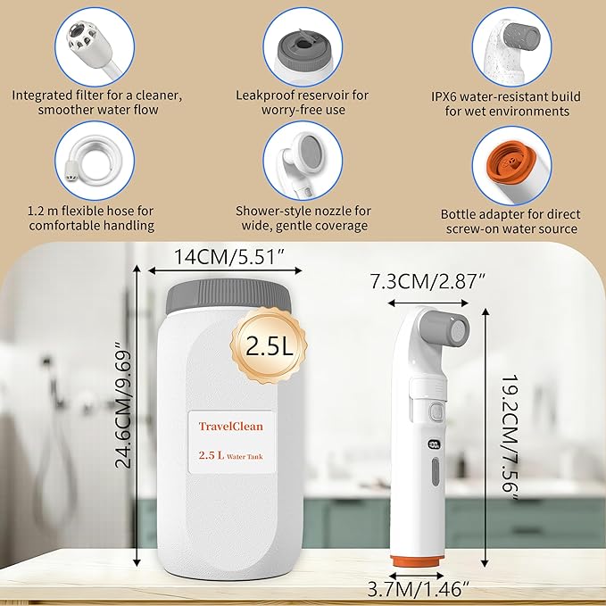 Portable Bidet with LED Display – High Pressure Travel Bidet with Shower-Head, 2.5L Tank, Dual Modes & Adjustable Spray | 1600mAh Battery | Leakproof IPX6 | for Women, Men & Postpartum Care(Gray)