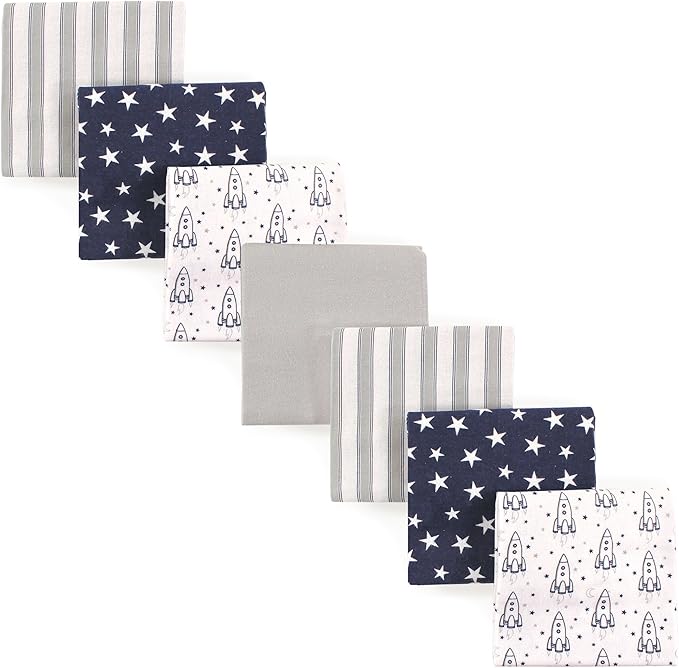 Hudson Baby Unisex Baby Cotton Flannel Receiving Blankets Bundle, Rocket Ship, One Size