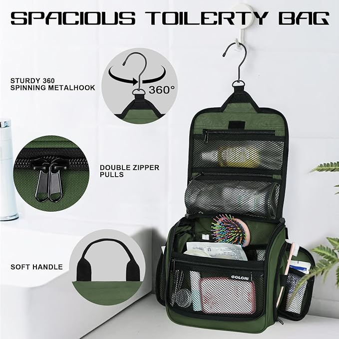 Goloni Hanging Toiletry Bag, 10 Compartments Water-Resistant Makeup Bag with 360° Spinning Metal Hook, Large Travel Cosmetic Organizer for Men & Women, Green (7.05oz)