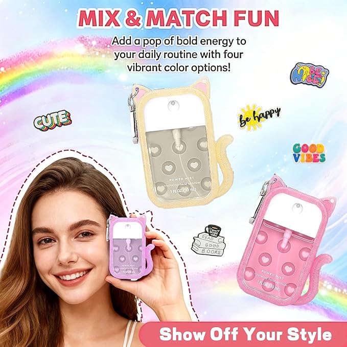 Cat Silicone Case for Touchland Hand Sanitizer Spray, Hand Sanitizer Holder Keychain with 4 Cute Charms for Touch Land Mist 1FL. OZ
