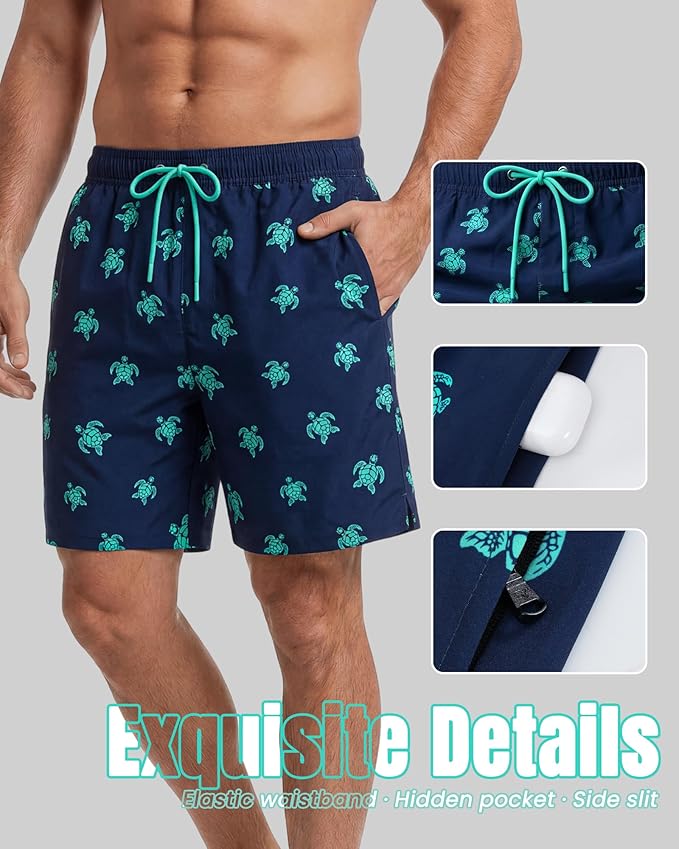 7 Inch Men Swim Trunks with Compression Breathable Liner Quick Dry Zipper Pockets for Pool Board Beach Cruise