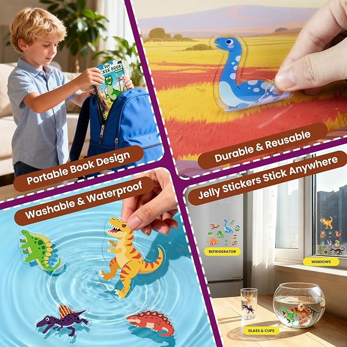 Dinosaur Reusable Sticker Book for Toddlers, DIY Make-a-face Animals Jelly Fun 3D Stickers, Washable Puffy Stickers for Kids Toys, Airplane Road Trip Travel Activities Essentials for Kids 3 4 5 Years