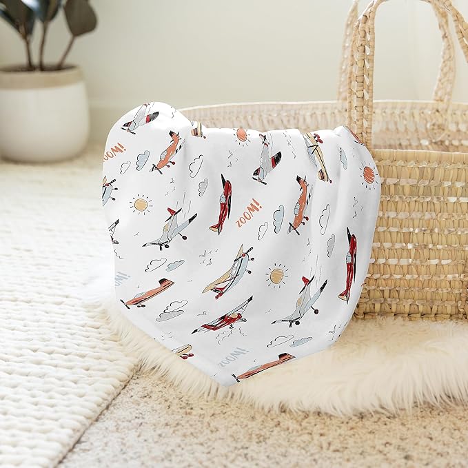 Sweet Jojo Designs Vintage Airplane Boy Baby Swaddle Blanket Infant Newborn Lightweight Jersey Stretchy Receiving Security Stroller Cover Air Plane Transportation Clouds Sun Aviator Red White and Blue
