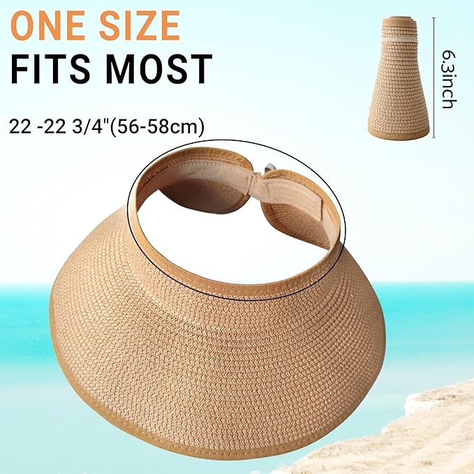 PFFY Sun Visors Hats for Women Wide Brim Straw Visor Packable Foldable Ponytail Travel Beach Hat Vacation Essentials