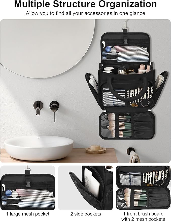 Hanging Toiletry Bag for Women - Travel Makeup Organizer with Brush Compartment, Portable Cosmetic Case with Removable Dividers for Full-Size Container, Lightweight Travel Bag for Trip - Black