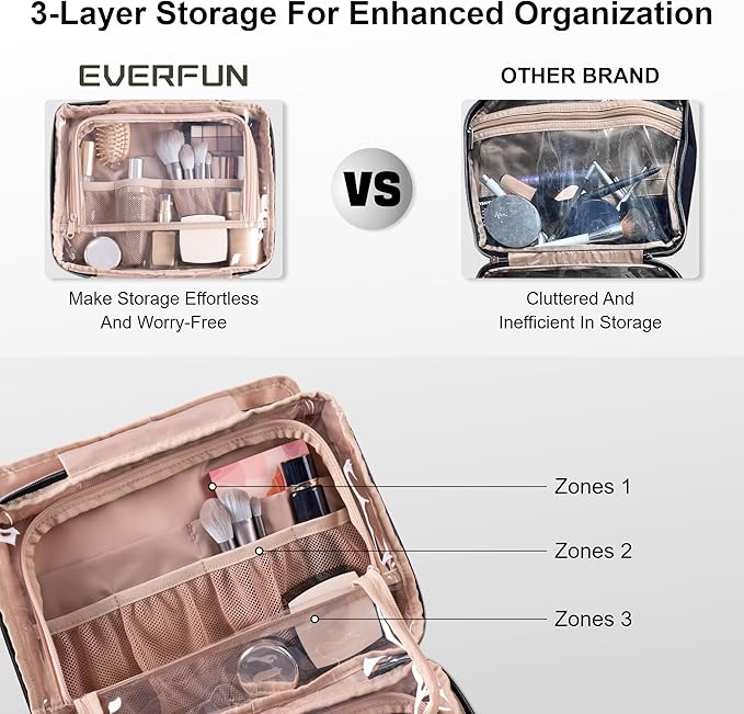 Everfun Hanging Toiletry Bag for Travel, 12x9x4.5 inch Large Capacity Cosmetic Organizer with Leakproof Wet/Dry Compartment, Waterproof Dopp Kit Toiletries Bag for Women Pink