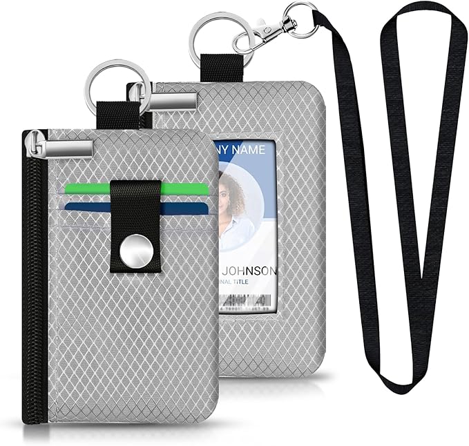 Minimalist RFID Blocking Small Wallet with ID Window,WaterResistant Zip Id Case Wallet with Lanyard Keychain for Cards,Cash,Travel,Women,Men (Light gray)