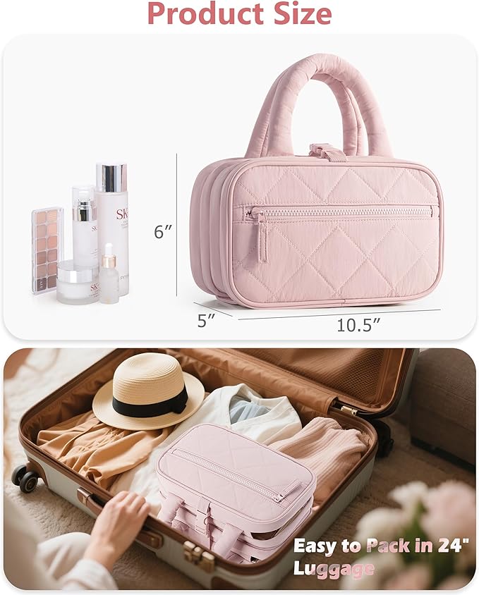 Marscamd Travel Toiletry Bag for Women with Hanging Hook, Puffy Makeup Organizer with Brushes Slots for Bathroom, Shower and Beauty Essentials, Pink