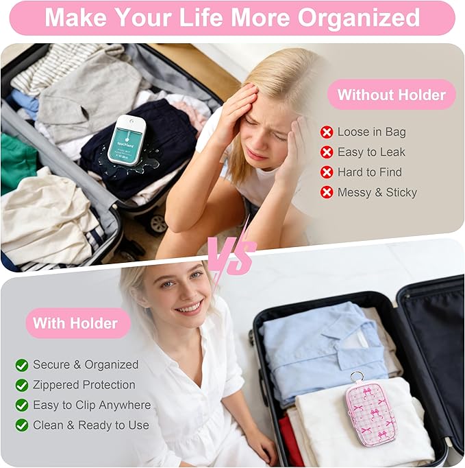 KJQJLY 2 Pack Hand Sanitizer Holder Pouch, Zippered Portable Sanitizer Case with Cute Pattern, Keychain D-Ring for Purse, Backpack & Travel