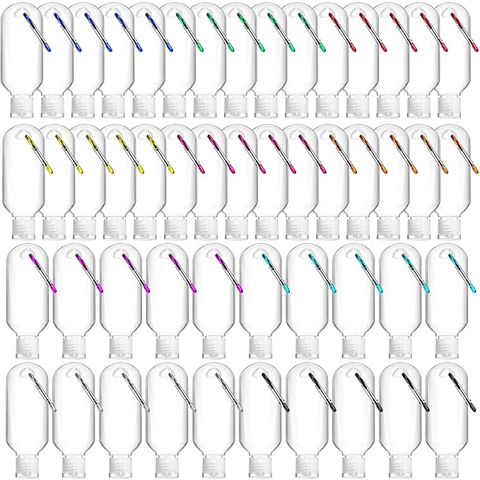 FairySandy 50 Pcs Traveling Bottles with Keychain 2oz Clear Plastic Hand Sanitizer Holder Keychain Empty Refillable Liquid Packing Container Squeeze Plastic Bottle with Lid,Rectangle