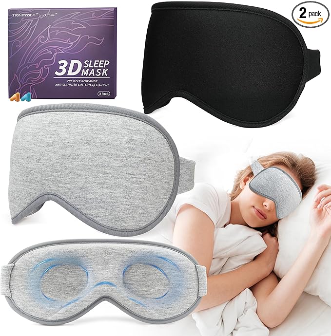 3D Sleep Mask for Men Women 2 Pack, Blackout Eye Mask for Sleeping Eye Mask for Side Sleeper, Memory Foam Adjustable&Washable, Airplane Travel Essentials Couples Yoga Meditation Office Black & Gray