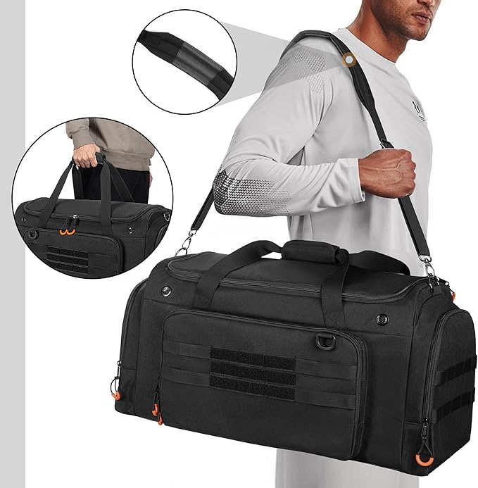 DSLEAF Tactical Sneaker Duffle Bag for 4 Pairs of Shoes, Sneaker Travel Bag with 3 Adjustable Dividers with Multiple Pockets, Detachable Shoulder and TSA Carry-on Approved Size