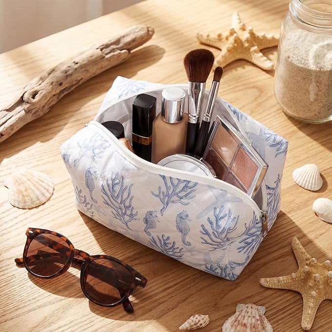Hillban Ocean Quilted Cosmetic Bag Ocean Themed Gift Starfish Coral Seashell Essential Makeup Bag for Women Summer Travel Vacation Survival Kit Mother's Day Bulk Gift 8.7 x 4.3 x 4.3 in(Seahorse)