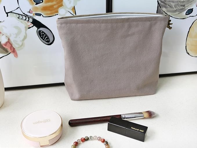 HAPPYHEIDI Canvas Pouch for Travel, Accessory Tool Bag, Solid Gray, Cotton Blend, Zipper Closure, 7.1x2.4x7 Inches