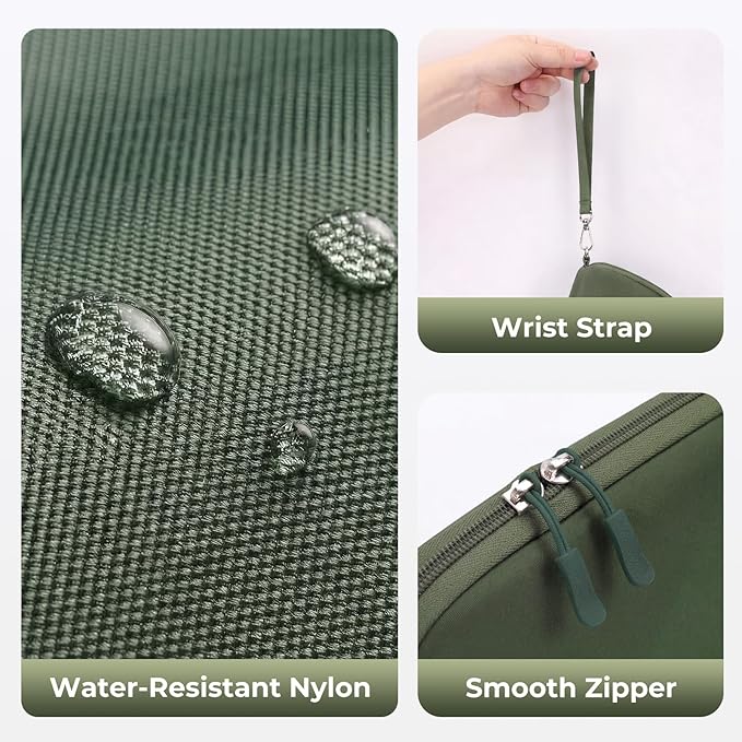 FYY Travel Cable Organizer - 8 Compartments Lightweight Water Resistant Tech Pouch with Wrist Strap, Electronic Accessories Case for Cord Charger Storage for Travel Home Office, Green (Medium)