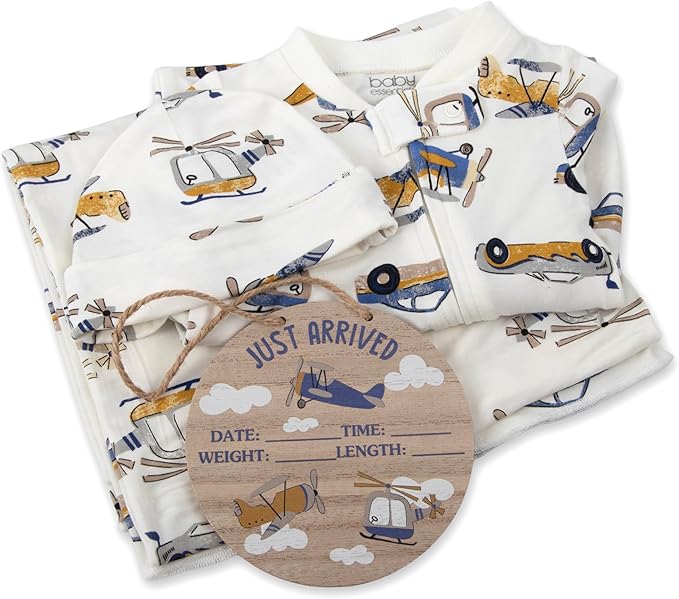 Newborn Baby 4 Piece Coming Home Outfit Gift Set – Footie Sleeper, Blanket, Headband & Ornament for Boys & Girls