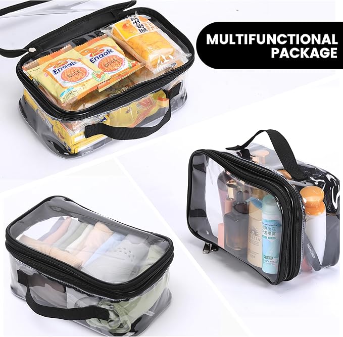 BORMELUN Large Clear travel bags for toiletries pouches carry on reusable,purse see-through plastic pvc TSA airport approved with handle (Black)