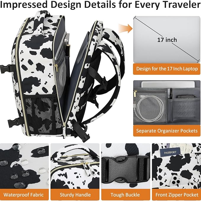 Tenot Large Travel Backpack for Women Personal Item for Airlines17 Inch Laptop Backpack College Business Work Weekender Hiking Womens Travel Backpack Cow Print