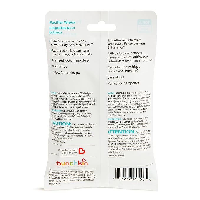 Munchkin Arm & Hammer Pacifier Wipes - Safely Cleans Breast Pump Parts and Feeding Essentials for Baby and Toddler, 1 Pack, 36 Wipes