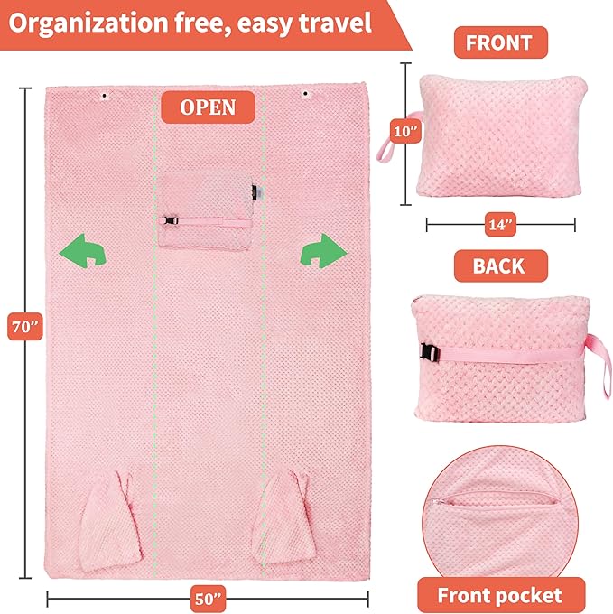 Tirrinia Travel Blanket Compact with Bag, Soft Lightweight Wearable Blanket with Foot Pockets, Airplane Travel Essential Gift