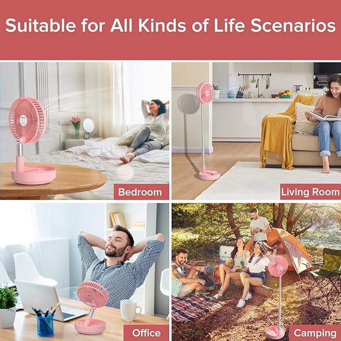 Belife X8 Portable Fan, 7200mAh Battery Powered Rechargeable, Oscillating USB Desk Floor Fan with Remote, Foldable Telescopic Fan for Home Bedroom Sleeping Office Camping Travel, 7.7" (Pink)