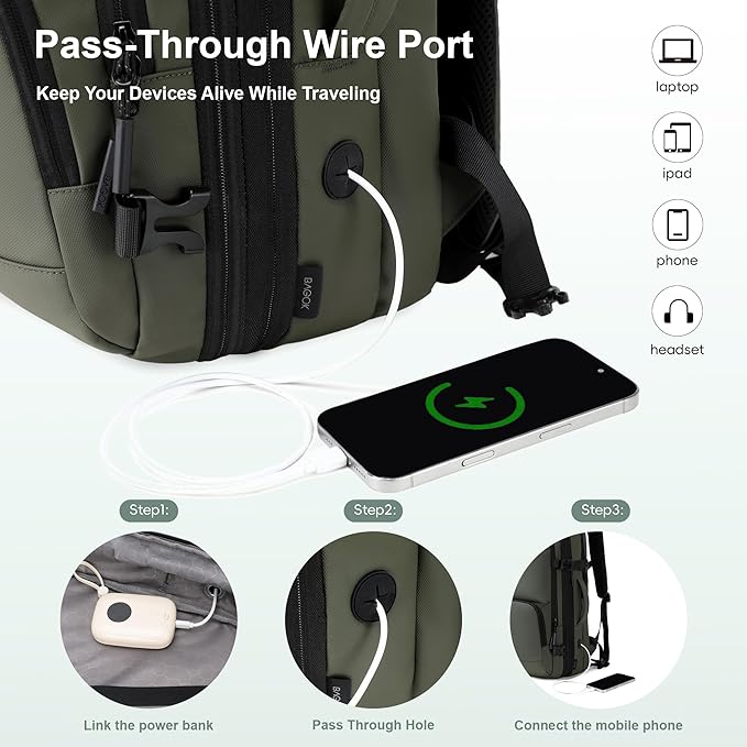 BAGOK Carry On Travel Backpack, 35L-40L Expandable Extra Large Airline Approved,Lightweight Daypack for Men and Women（Green）