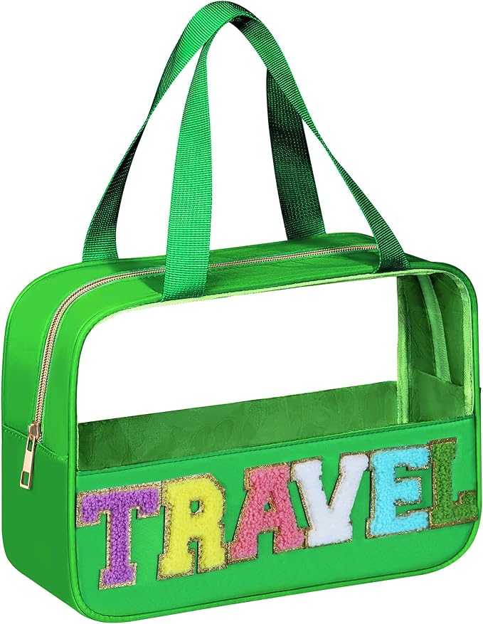 BuyCard Chenille Letter Patch Clear Travel Bags, Preppy PVC&Nylon Makeup Bag with Handle and Zipper, Waterproof Large Clear Travel Toiletry Bag Storage Bag for Women Girls